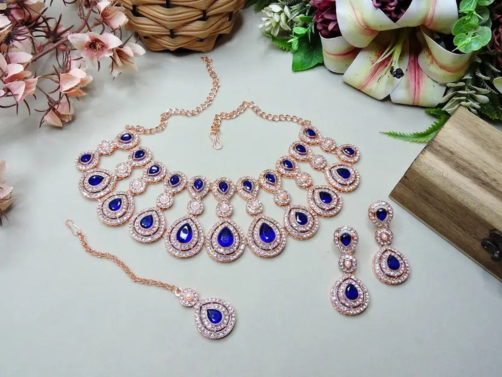 Jewel City Rose Gold-Plated Necklace Set with Earrings & Maang Tikka for Women – Sparkling Bridal Party Jewelry | Grocsy
