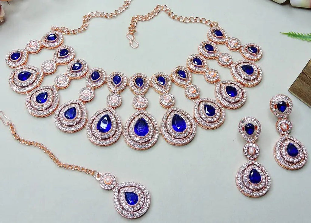 Jewel City Rose Gold-Plated Necklace Set with Earrings & Maang Tikka for Women – Sparkling Bridal Party Jewelry | Grocsy