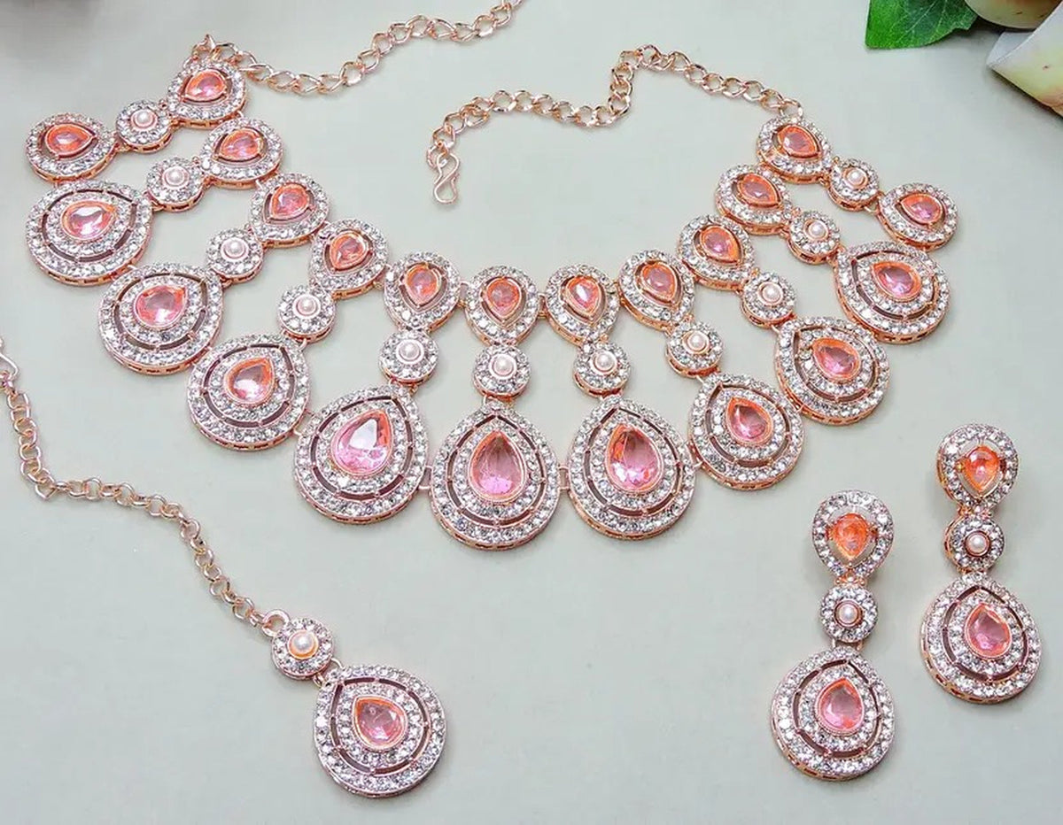 Jewel City Rose Gold-Plated Necklace Set with Earrings & Maang Tikka for Women – Sparkling Bridal Party Jewelry | Grocsy