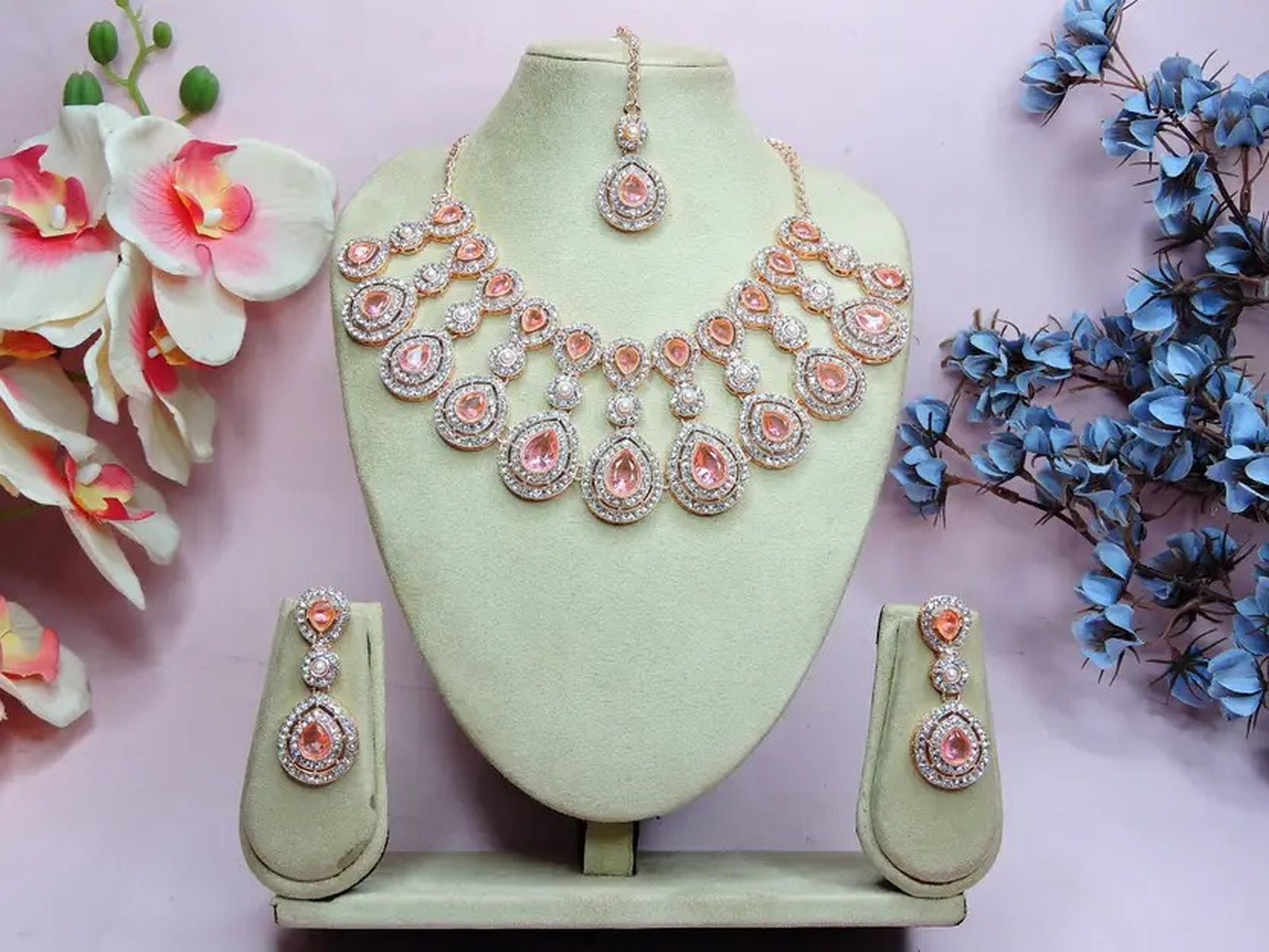 Jewel City Rose Gold-Plated Necklace Set with Earrings & Maang Tikka for Women – Sparkling Bridal Party Jewelry | Grocsy