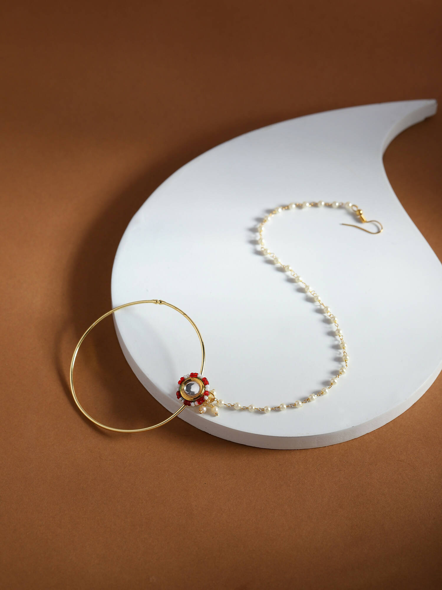 Gold-Pleated Red White Kundan Studded Beaded Chained Nosepin - Ruby Raang | Grocsy