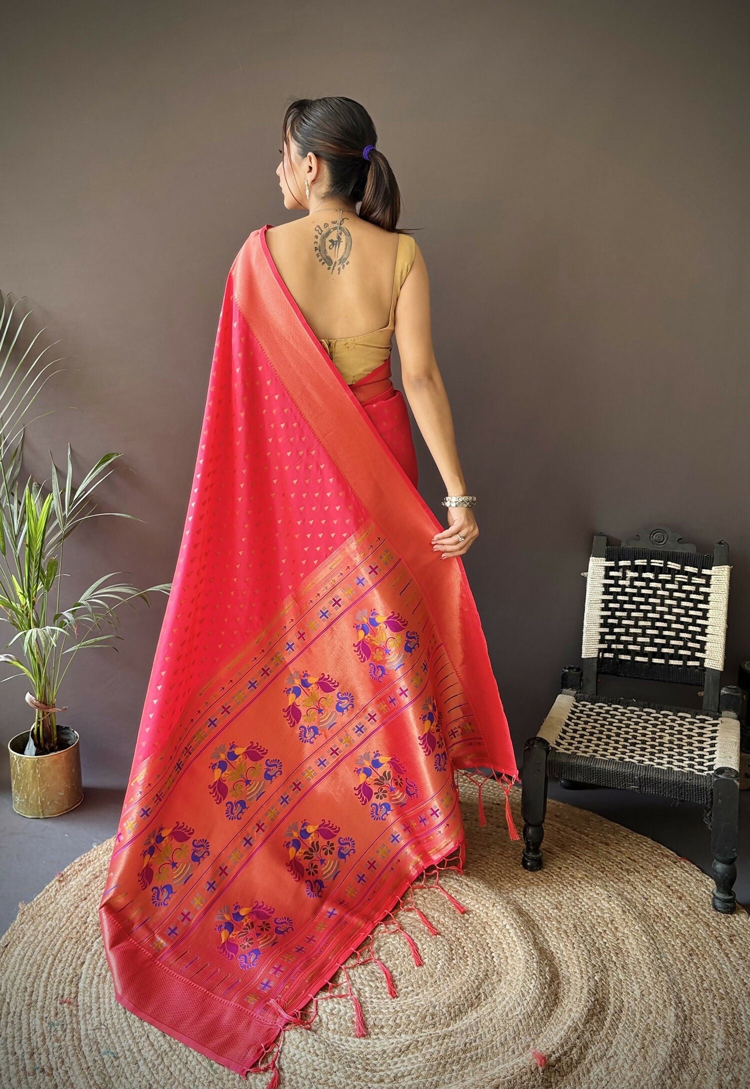 Joban Fashion Hot Pink Jacquard Butti Soft Lichi Silk Paithani Saree | Grocsy