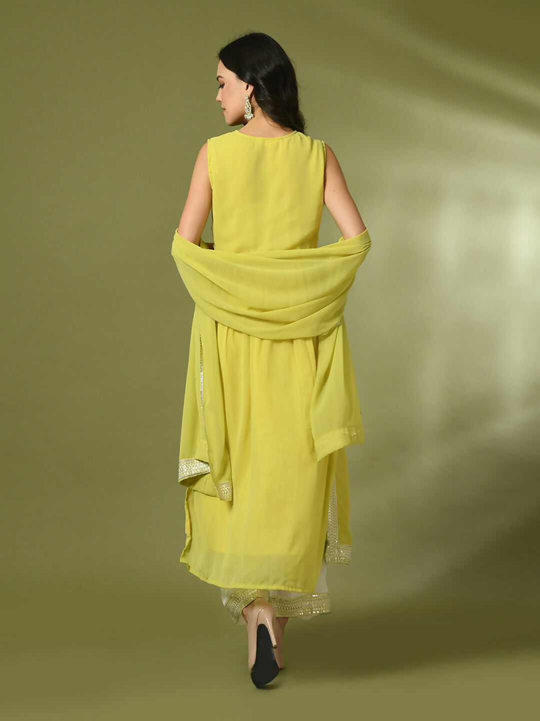 Myshka Women's Yellow Solid Georgette Anarkali Party Kurta Set With Dupatta | Grocsy