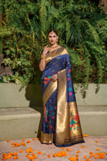 Jyoti Fashion Women's Navy Blue Paithani Silk Zari Woven Saree with Blouse | Grocsy