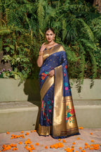 Jyoti Fashion Women's Navy Blue Paithani Silk Zari Woven Saree with Blouse | Grocsy