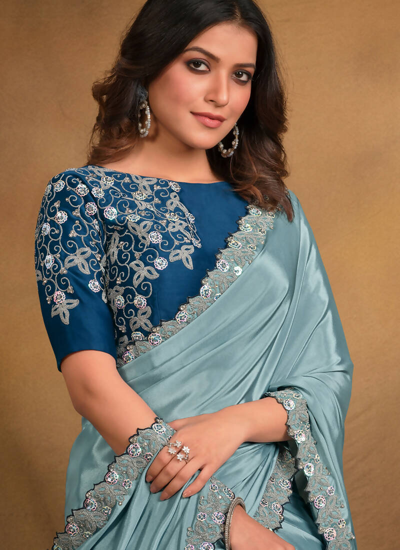 Light Blue Crepe Georgette Silk Designer Saree with Unstitched Blouse - Norita Mahitha | Grocsy