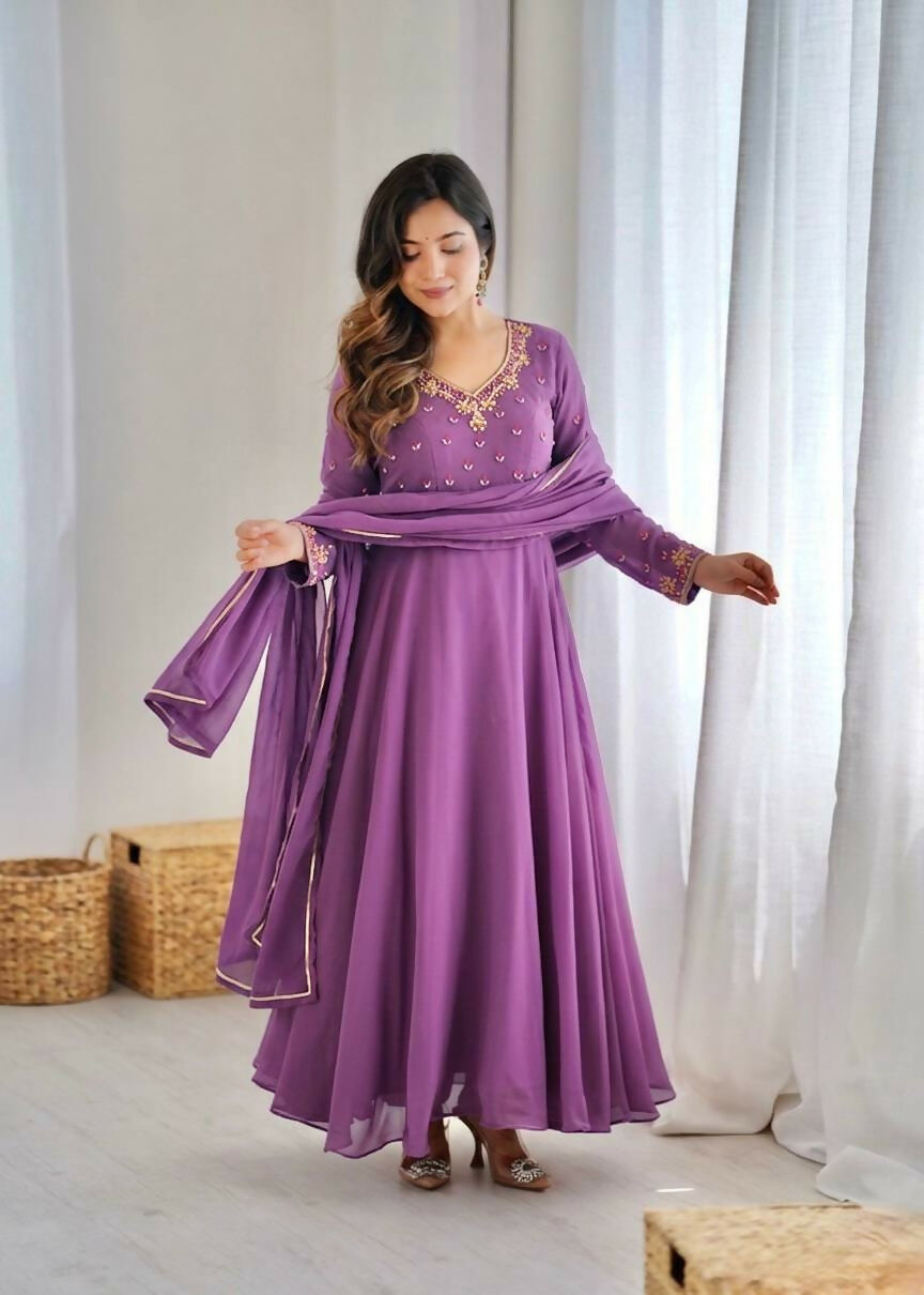 Teeya Creation Womens New Fancy Fox Georgette Heavy Quality Fabric With Handwork Lavender Gown Set | Grocsy