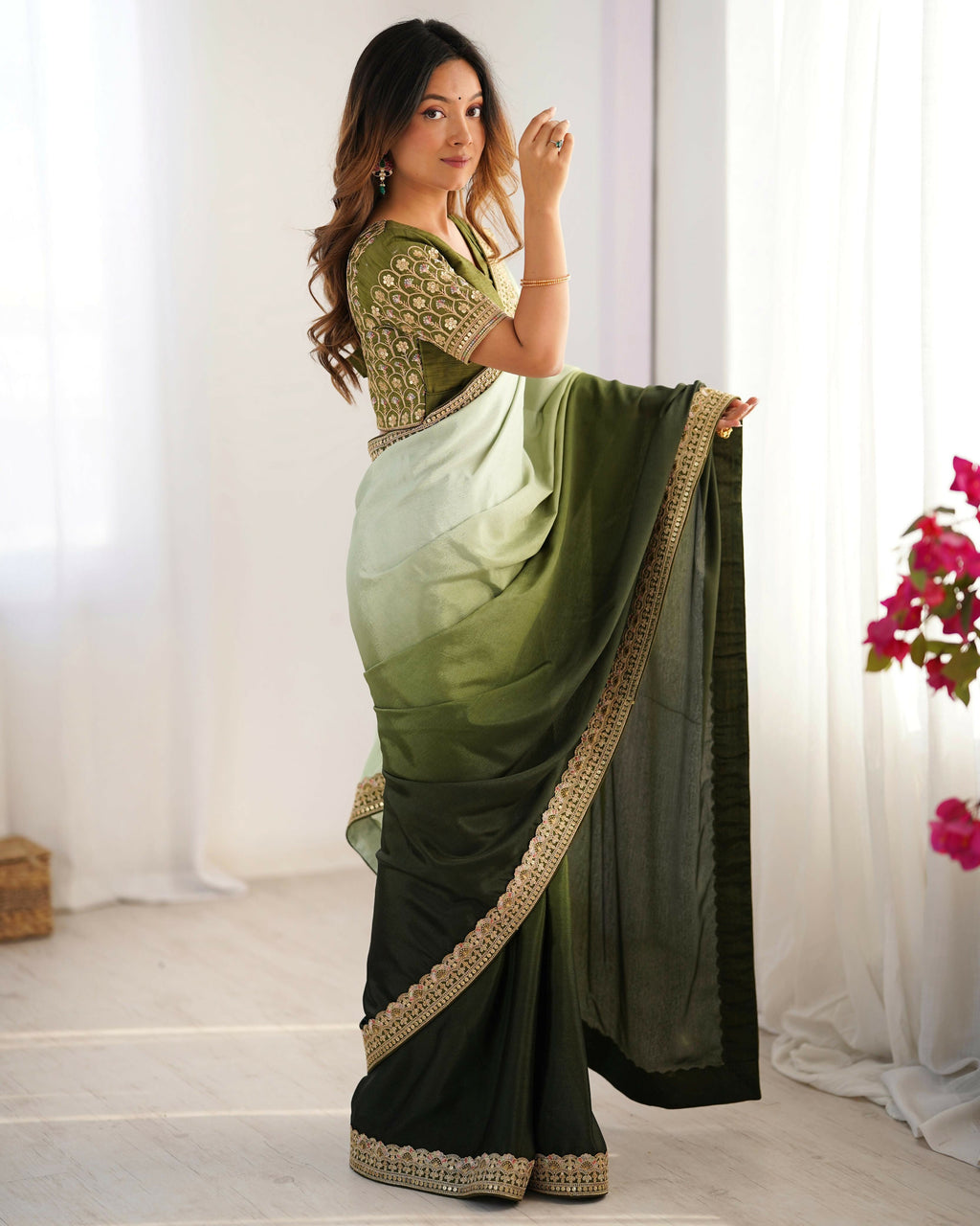 Exclusive Collection Pista Green Party Wear Chinon Salk Saree | Grocsy