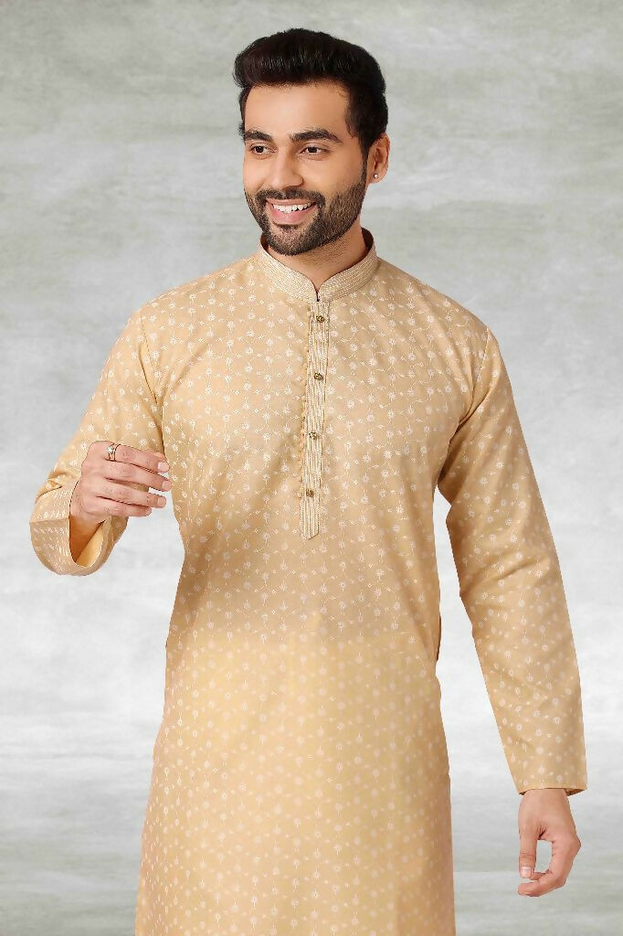 Raivat Ethnic Cotton Printed Work Kurta Pajama In Beige Colour | Grocsy