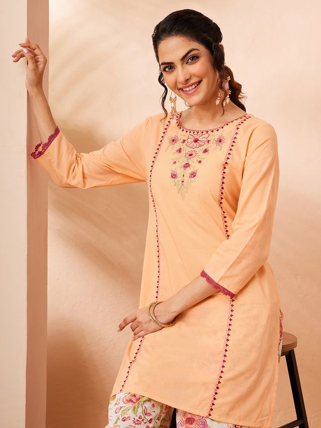 Janasya Peach Straight Cotton Co-Ords | Grocsy