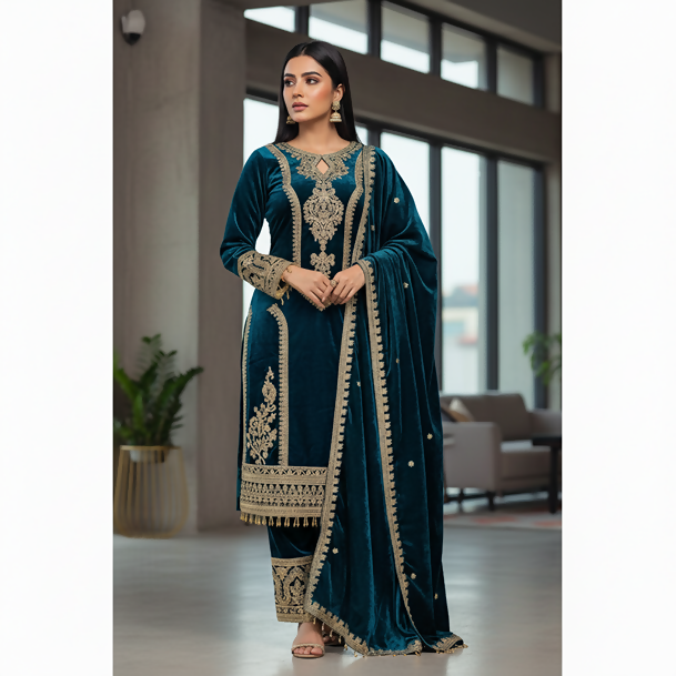 Teeya Creation Teal Color Velvet Fabric Designer Embroidery Work Suit | Grocsy