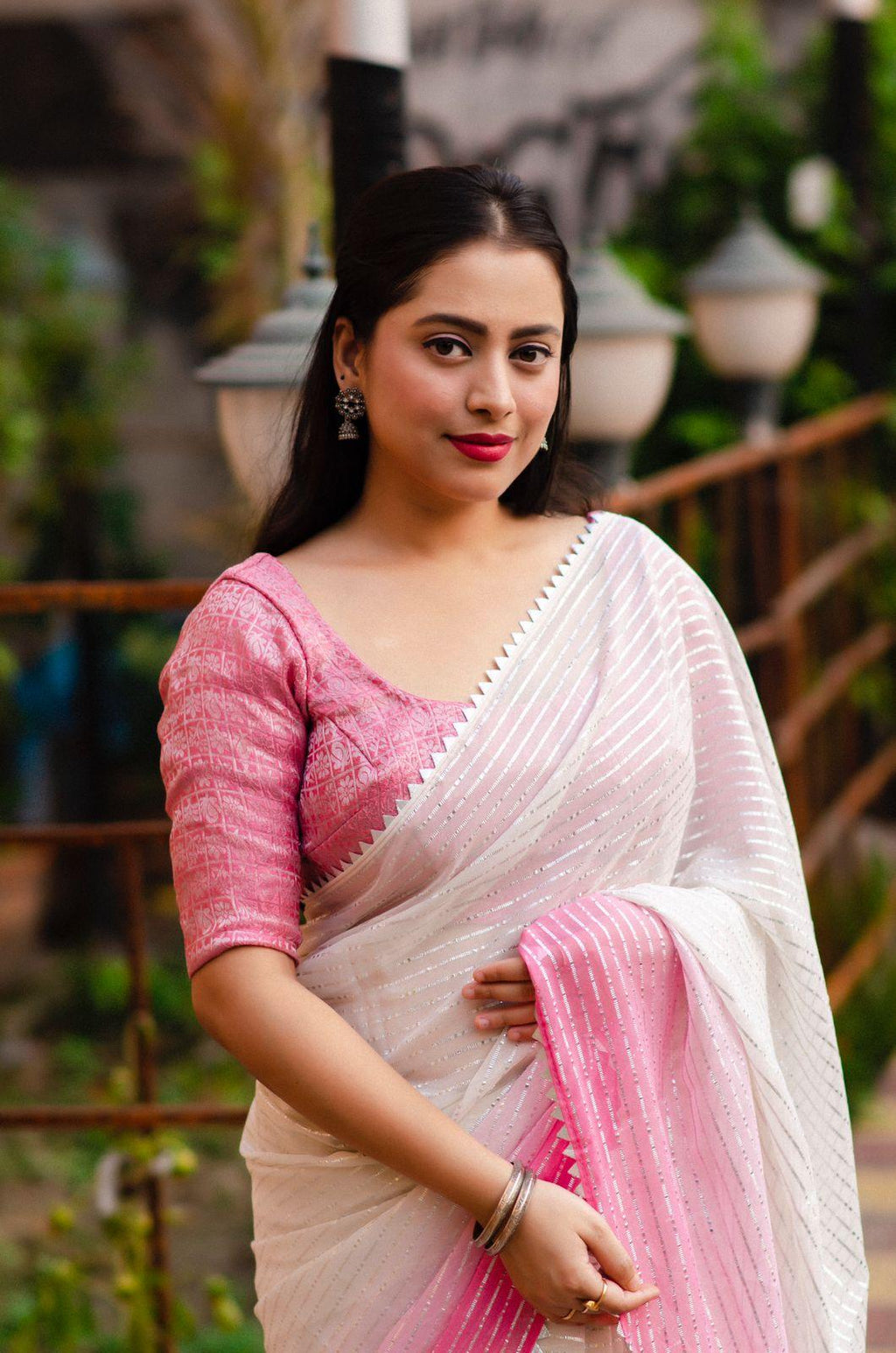Pink Poly Chiffon Striped Saree with Unstitched Blouse - A2M | Grocsy