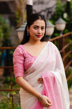 Pink Poly Chiffon Striped Saree with Unstitched Blouse - A2M | Grocsy