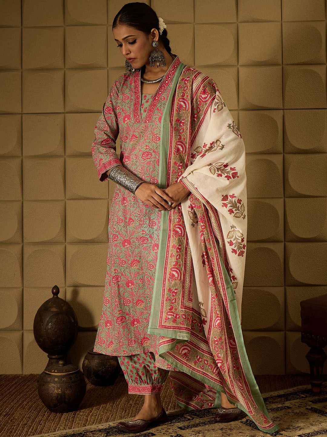 Indo Era Floral Printed Pure Cotton Straight Kurta with Salwar & Dupatta | Grocsy