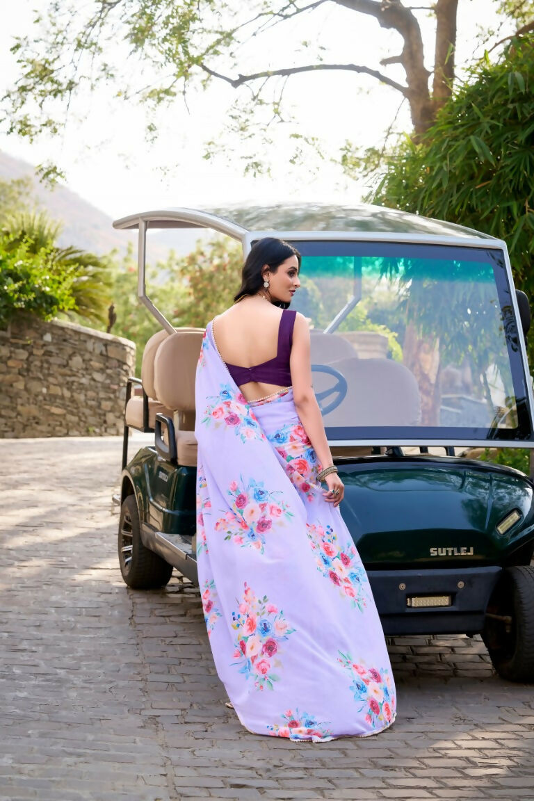 Vastranavya Lavender Weightless Marble Printed & Pearl Lace Border Saree with Unstitched Blouse | Grocsy