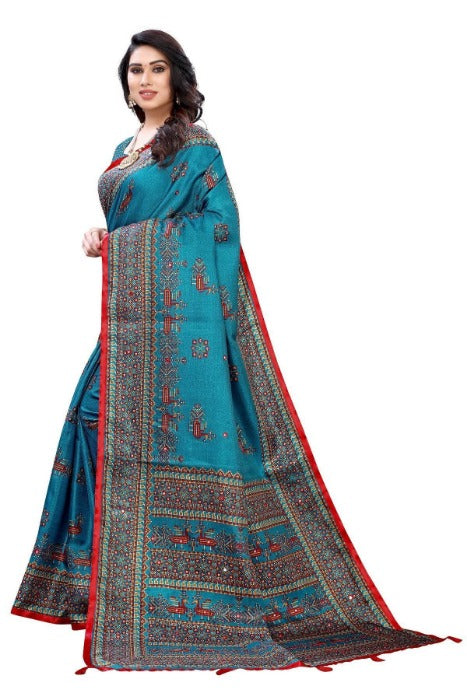 Vamika Blue Mirror Work With Jhalar Khadi Silk Saree (AASHI BLUE) | Grocsy