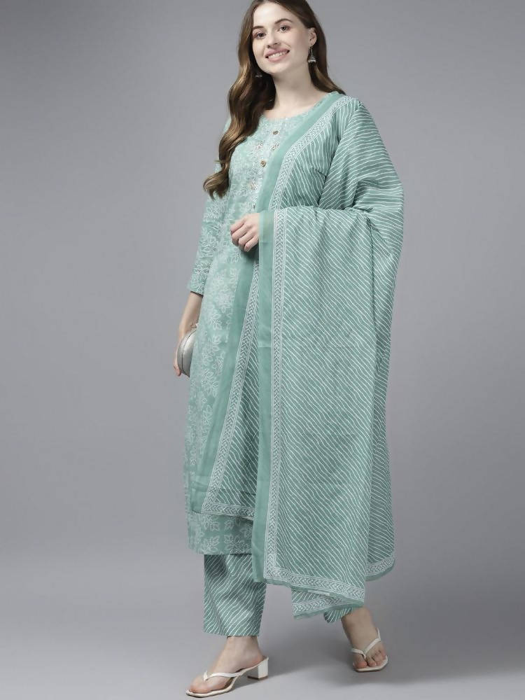 Yufta Women Green Bandhani Print Gotta Patti Pure Cotton Kurta with Palazzo and Dupatta | Grocsy