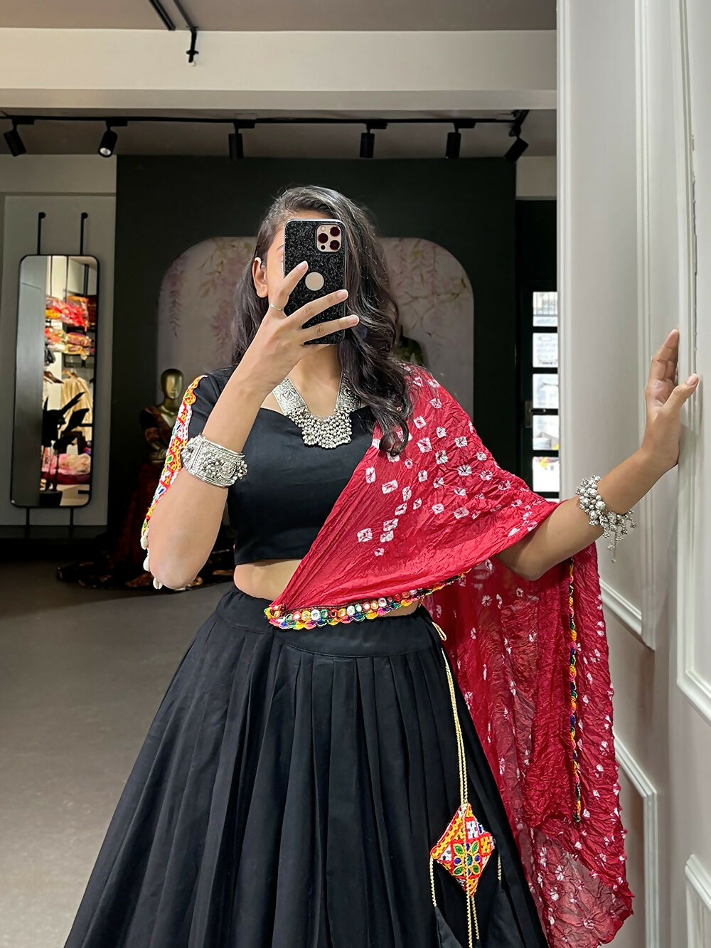 Vastranavya Navaratri Special Pure Cotton Plain With Gotta Patti Touch Up Lehenga Stitched Choli - Black | Grocsy