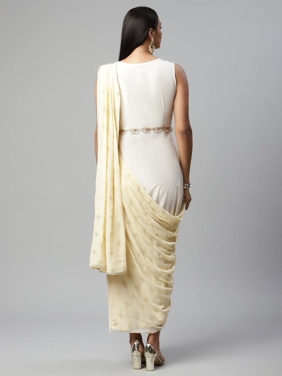 Ahalyaa Women Off White Crepe Georgette Saree Dress With Printed Pallu | Grocsy