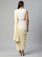 Ahalyaa Women Off White Crepe Georgette Saree Dress With Printed Pallu | Grocsy