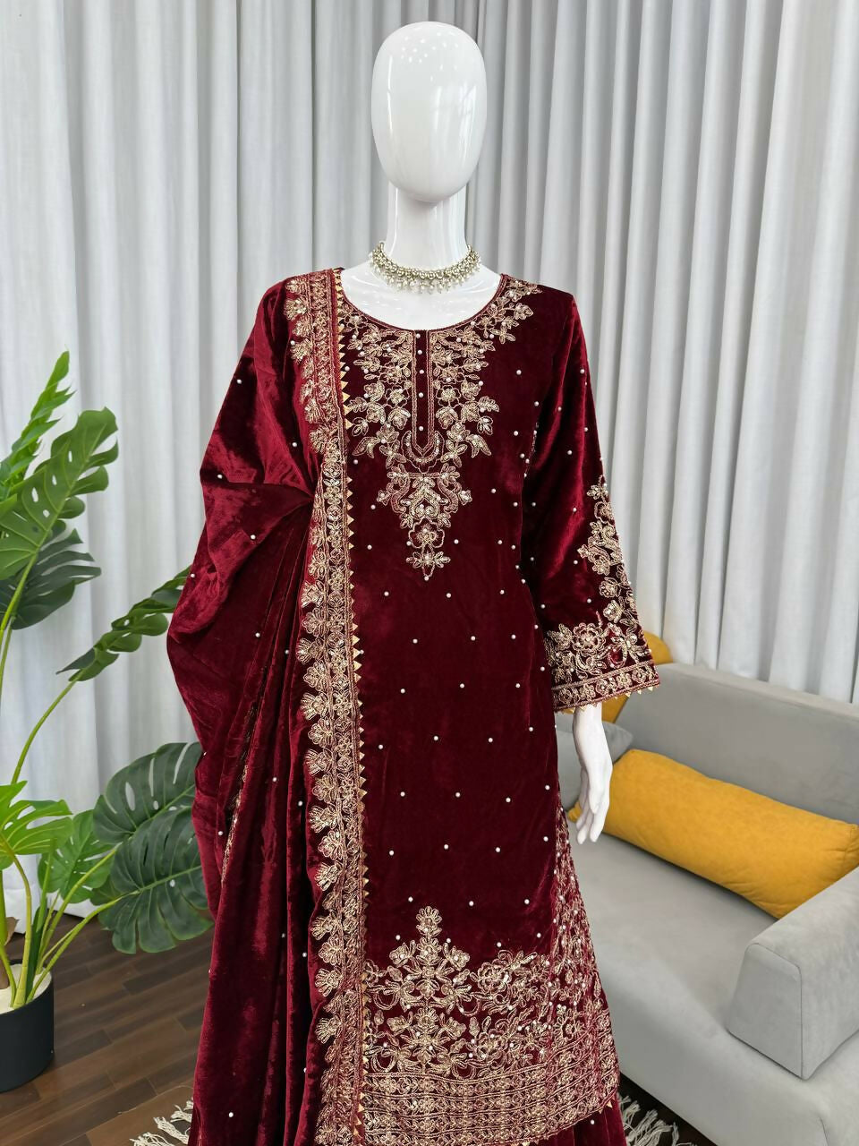 Vastranavya Maroon Viscose Velvet Cording Sequence With Moti Work Top-Bottom With Dupatta | Grocsy