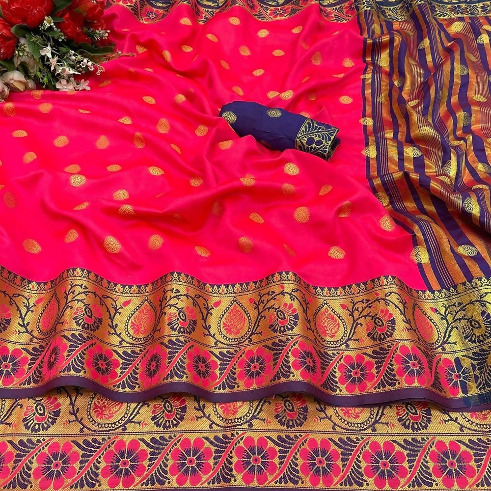 Vamika Cotton Rich Silk With Jacquard Weaving Pink Saree | Grocsy