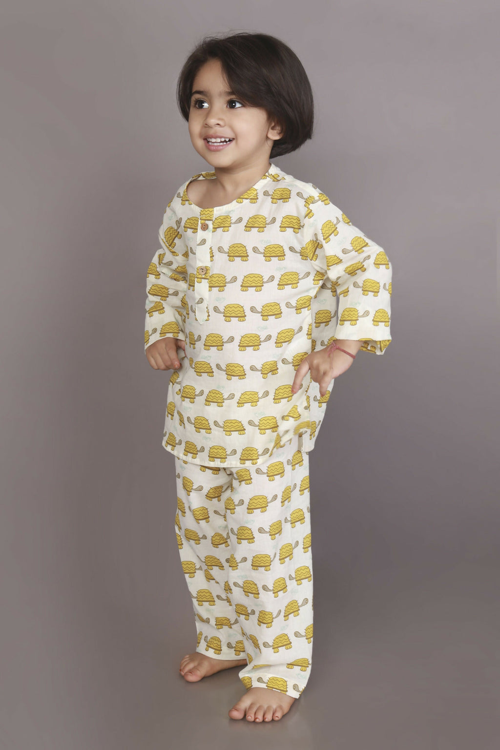 Breathables Kids Cotton Turtle Print Co-Ord Night Suit With Kurta And Pyjama – White & Yellow | Grocsy
