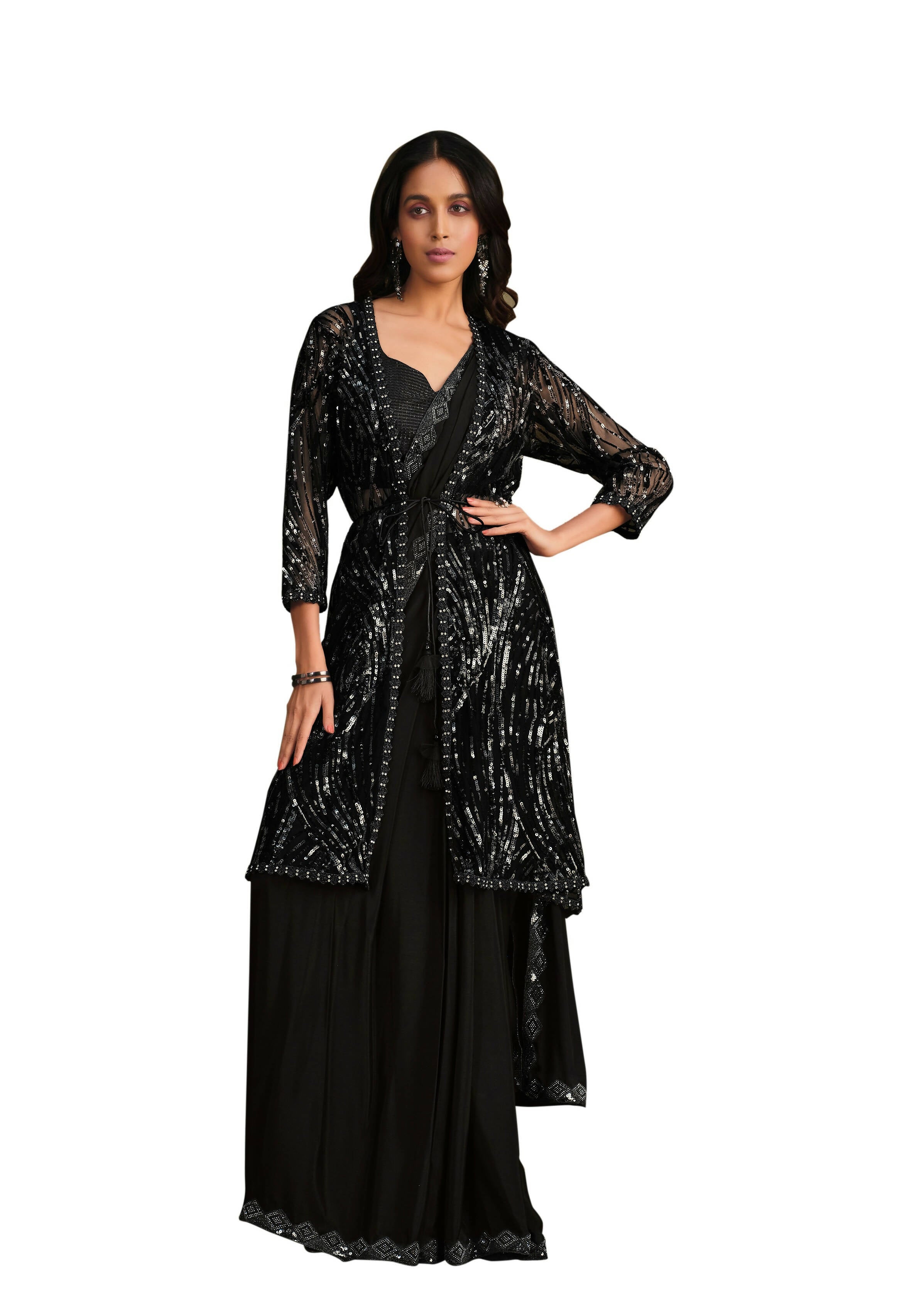 Black Crepe Silk Sequence Embroidered & Stone Work With Sequence Work Jacket Saree With Stitched Blouse - Mohmanthan La Belle | Grocsy