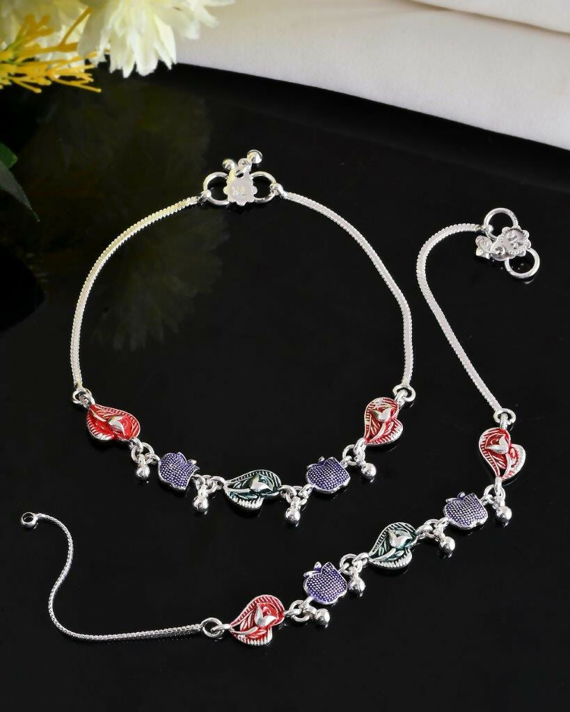 VOJ Set of 2 Silver Plated Designer Multi Color Anklet | Grocsy