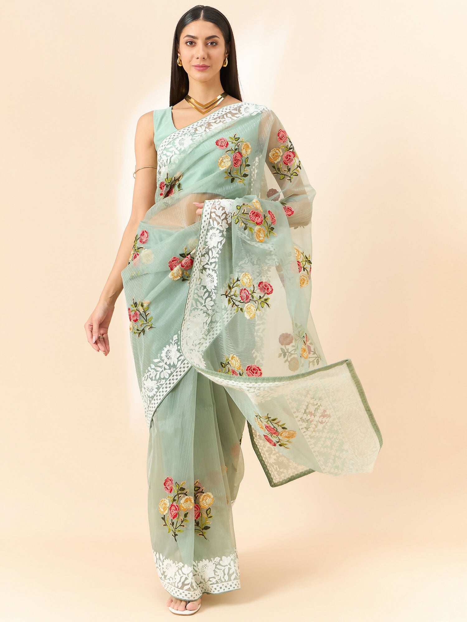 Green Organza Floral Embroidered Saree with Unstitched Blouse Piece - Roozal | Grocsy