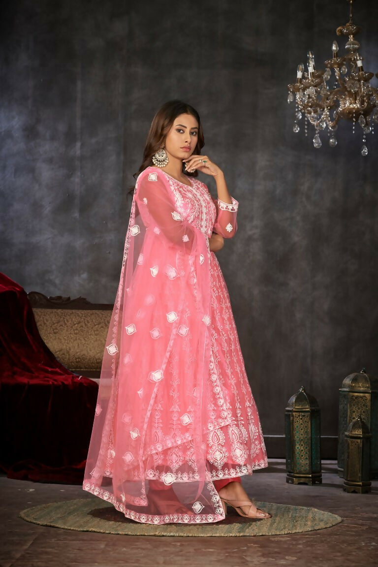 Jyoti Fashion Women's Baby Pink Net Embroidered Anarkali Kurta Pant Set With Dupatta | Grocsy