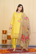 Yellow Viscose Organza Jacquard Embroidered Stitched Suit With Dupatta - Tanisha | Grocsy