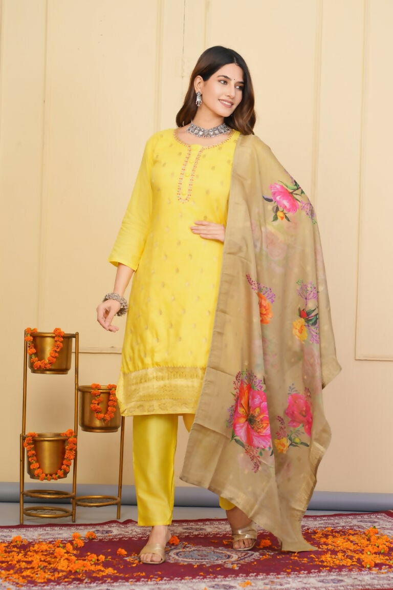 Yellow Viscose Organza Jacquard Embroidered Stitched Suit With Dupatta - Tanisha | Grocsy