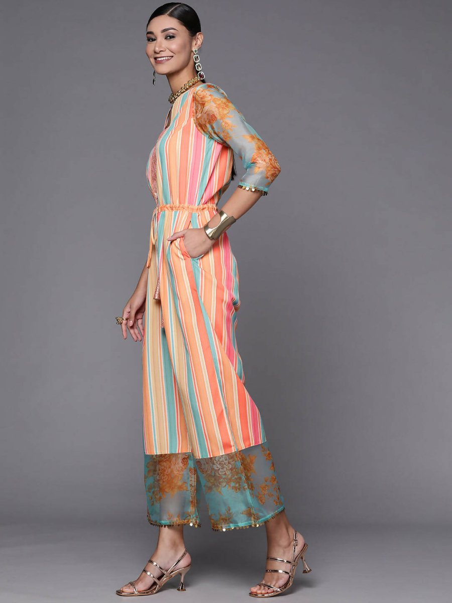 Ahalyaa Coral Orange & Blue Candy Striped Basic Jumpsuit | Grocsy