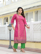 Juniper Women's Fuchsia Ethnic Motif Printed Muslin Kurta Pant With Dupatta Set With Beads & Sequins | Grocsy