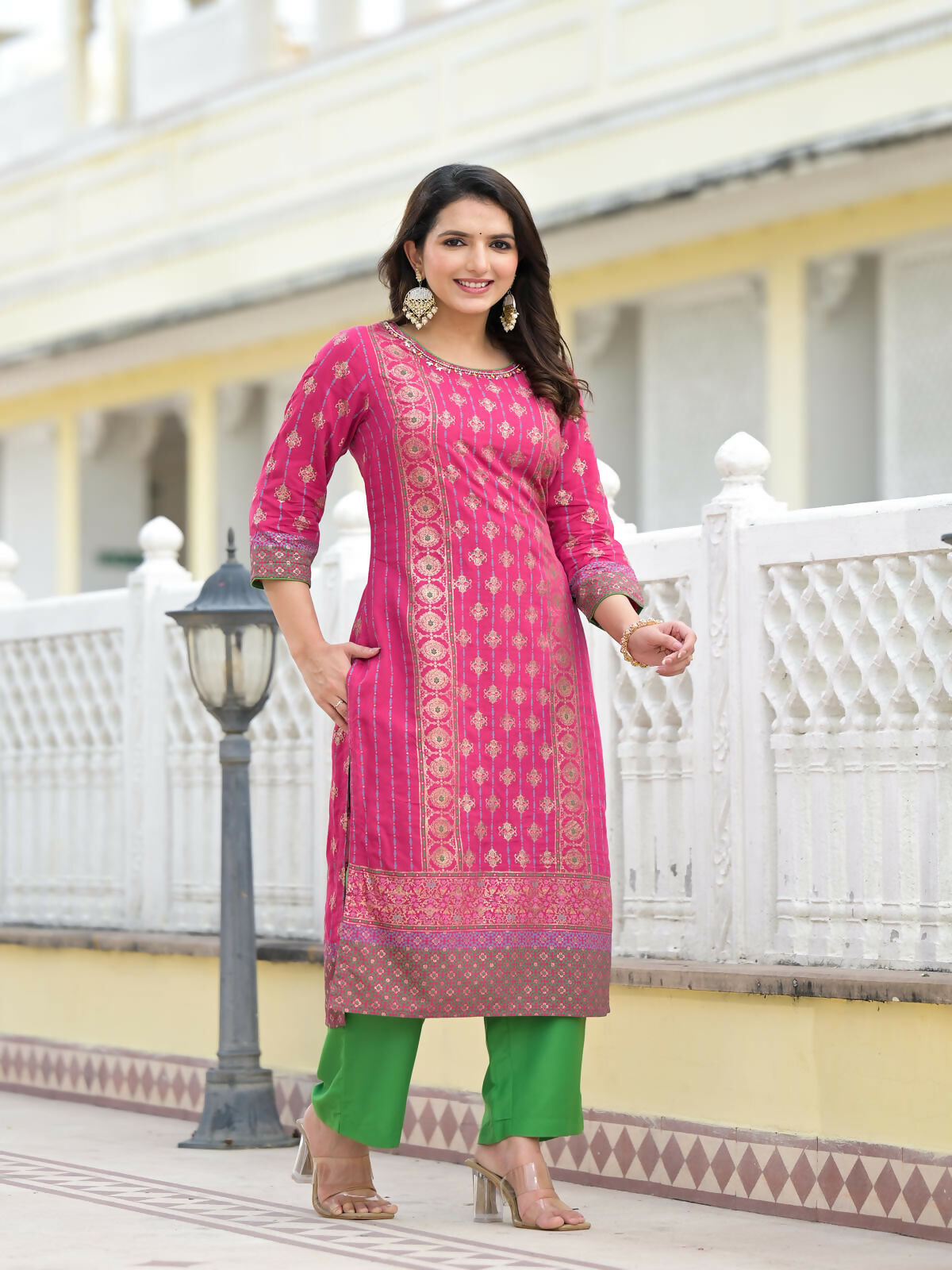 Juniper Women's Fuchsia Ethnic Motif Printed Muslin Kurta Pant With Dupatta Set With Beads & Sequins | Grocsy