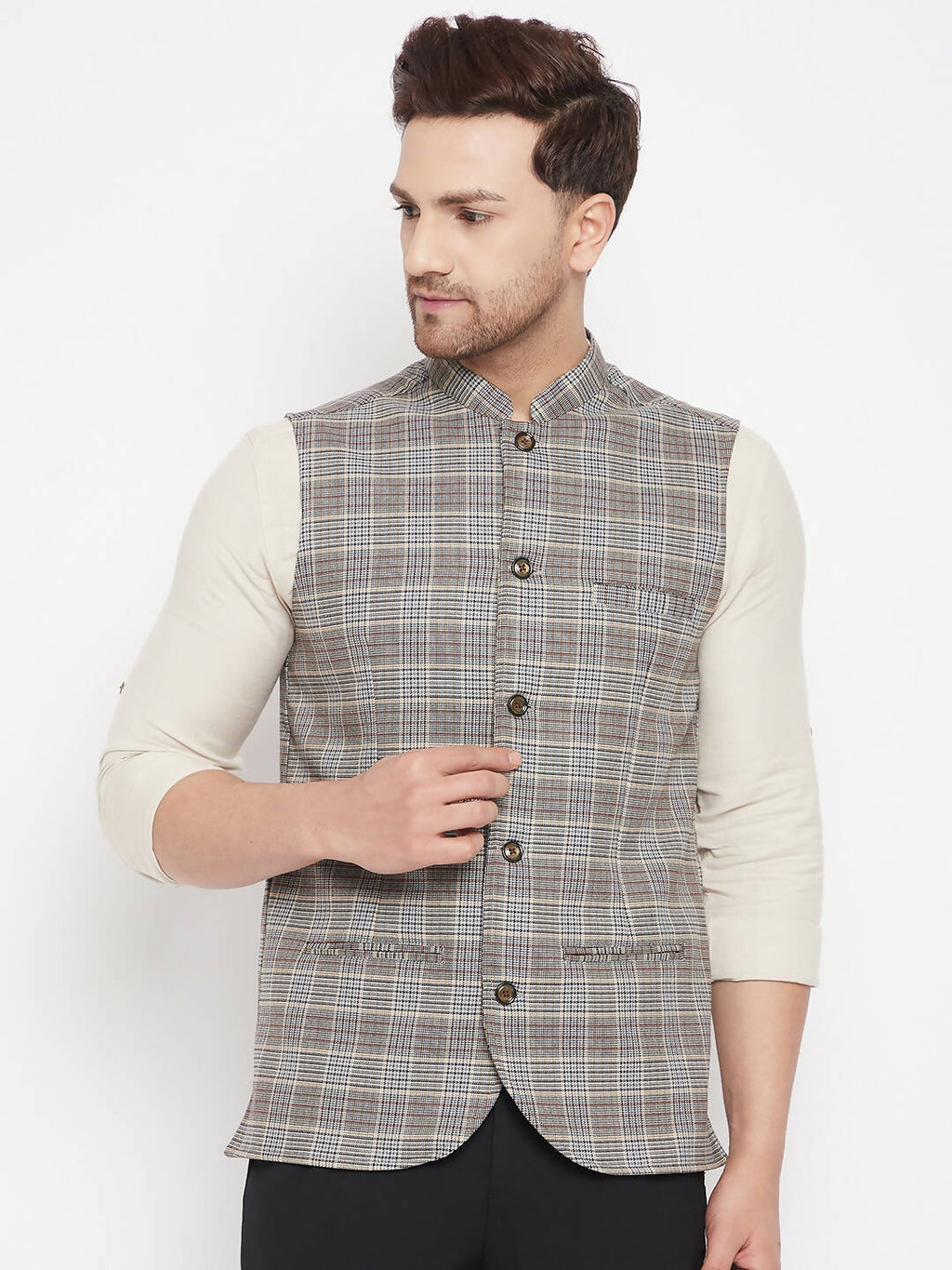 Even Apparels Brown Merino Men Woven Nehru Jacket PW729 | Grocsy
