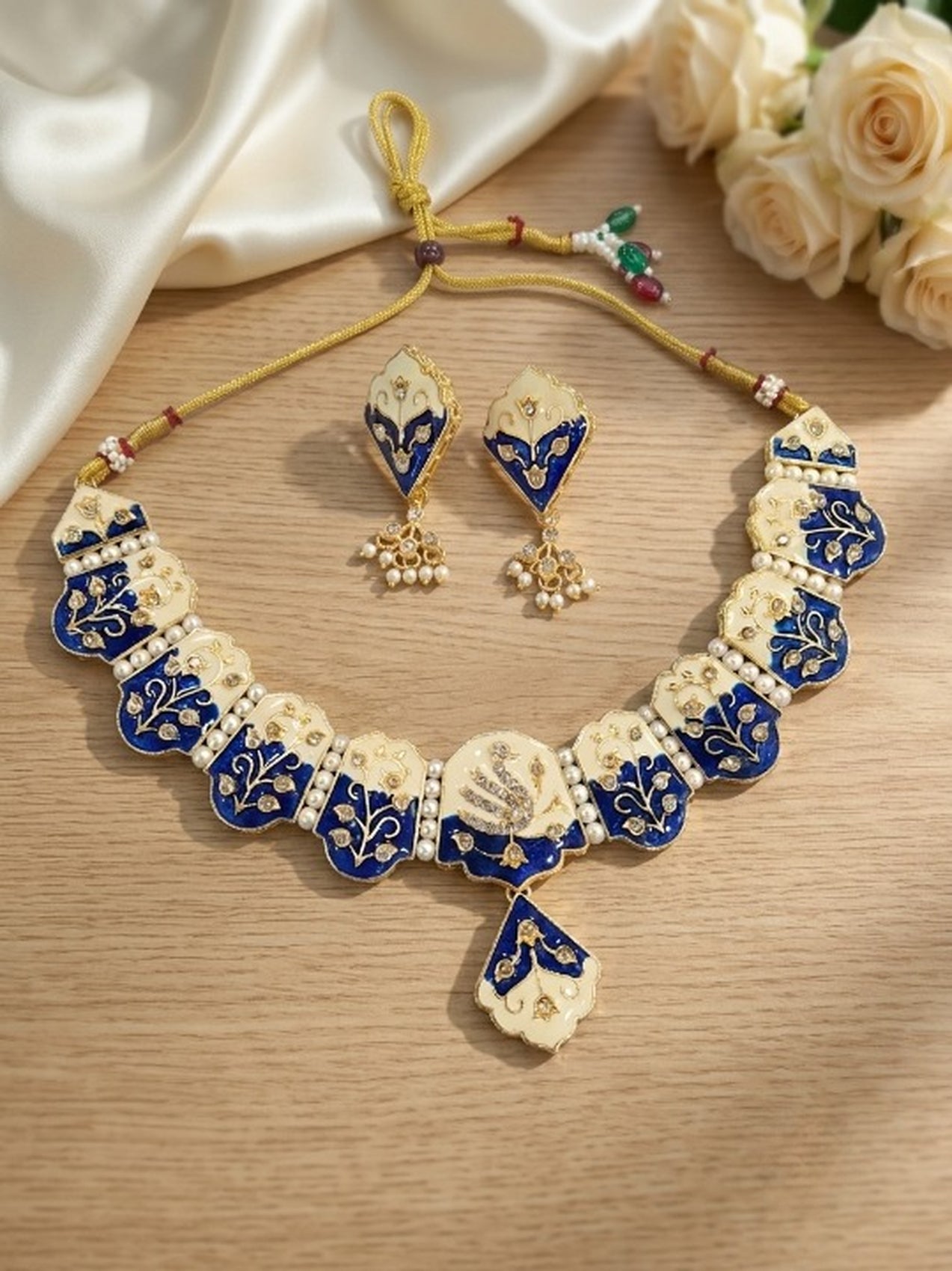 Jewel City Multicolor Meenakari Peacock Necklace Set With Pearl Earrings | Grocsy