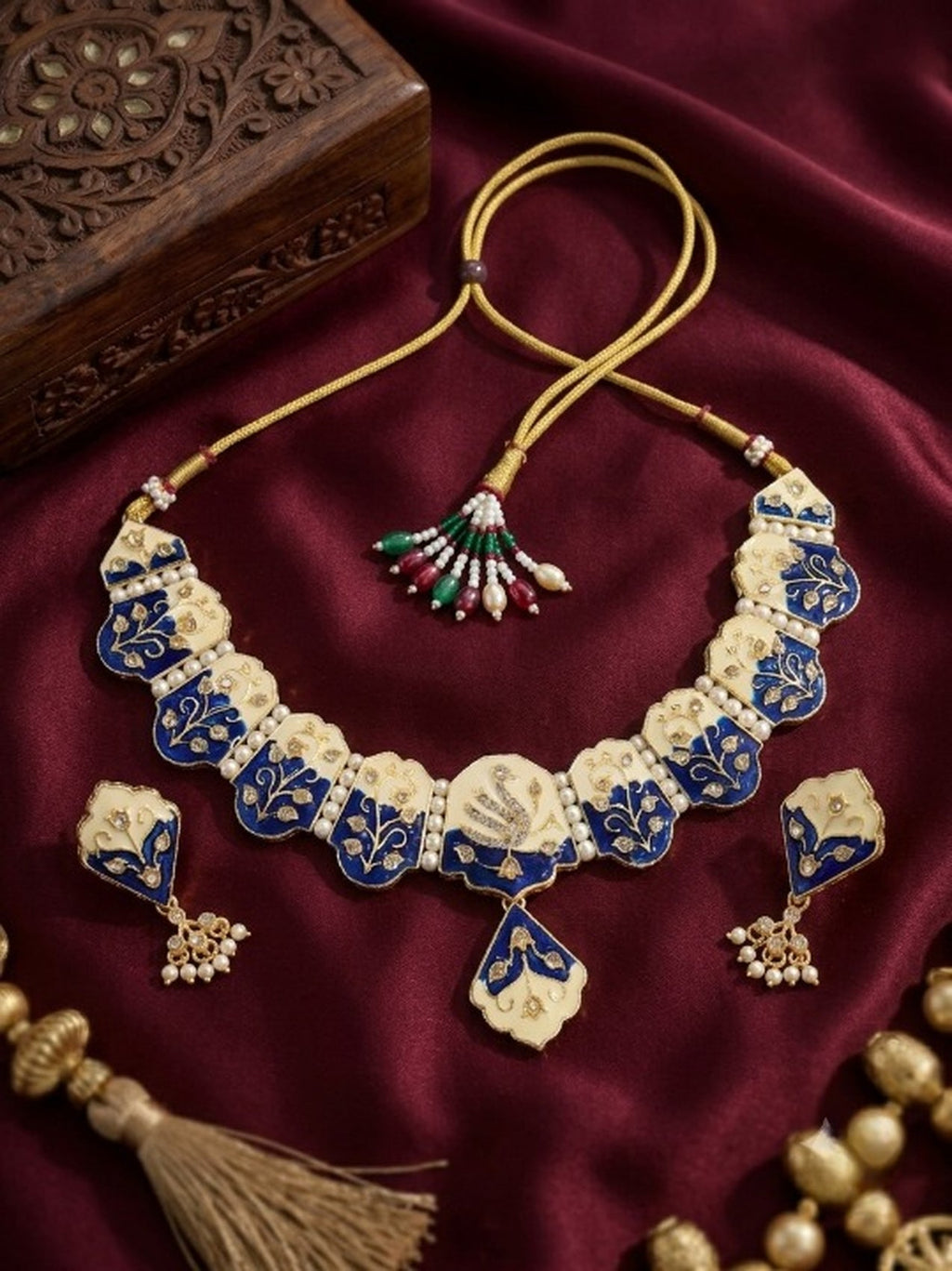 Jewel City Multicolor Meenakari Peacock Necklace Set With Pearl Earrings | Grocsy