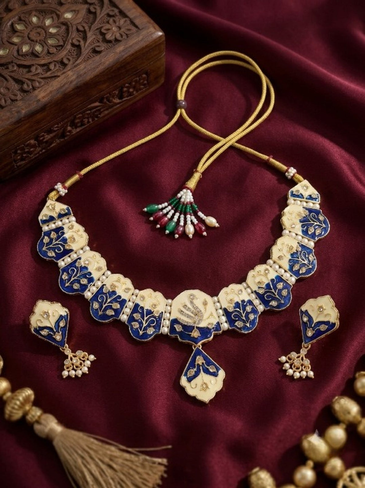 Jewel City Multicolor Meenakari Peacock Necklace Set With Pearl Earrings | Grocsy