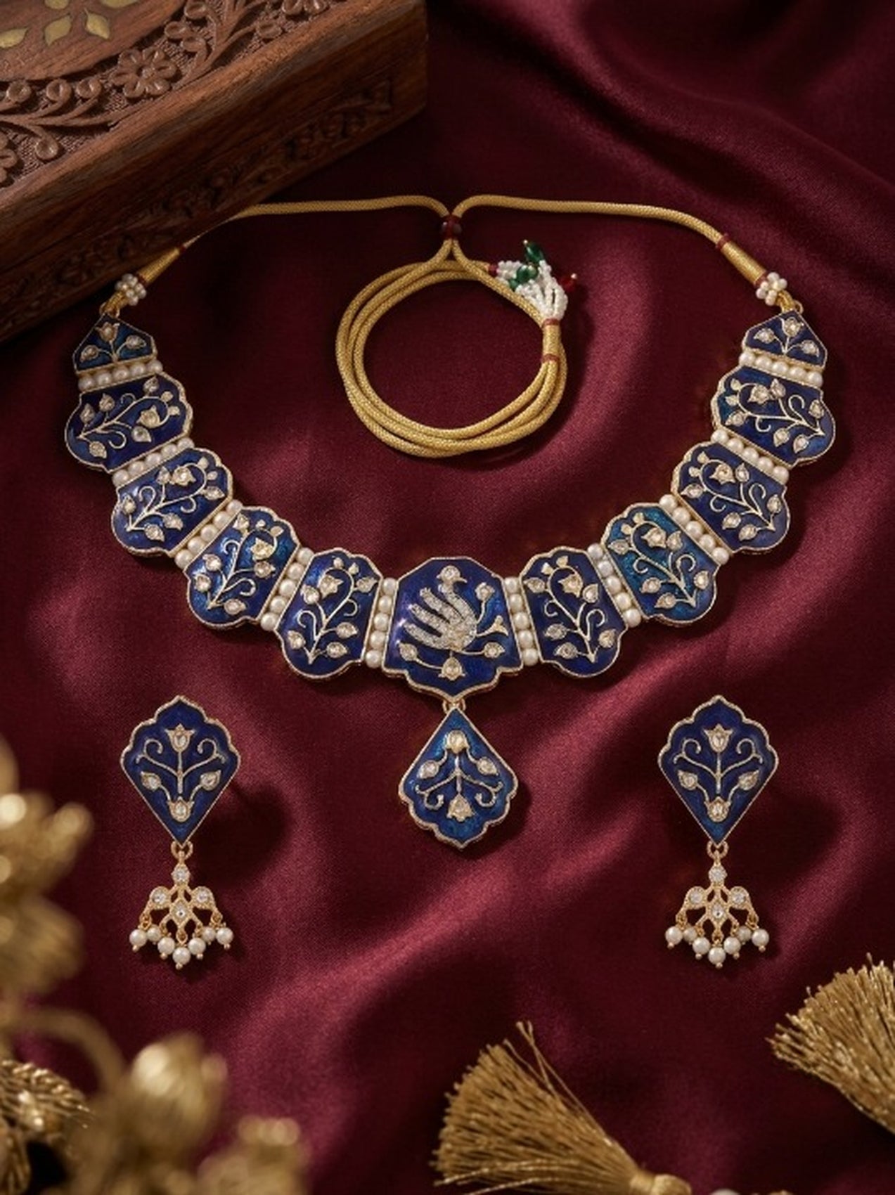 Jewel City Blue Meenakari Peacock Necklace Set With Pearl Earrings | Grocsy