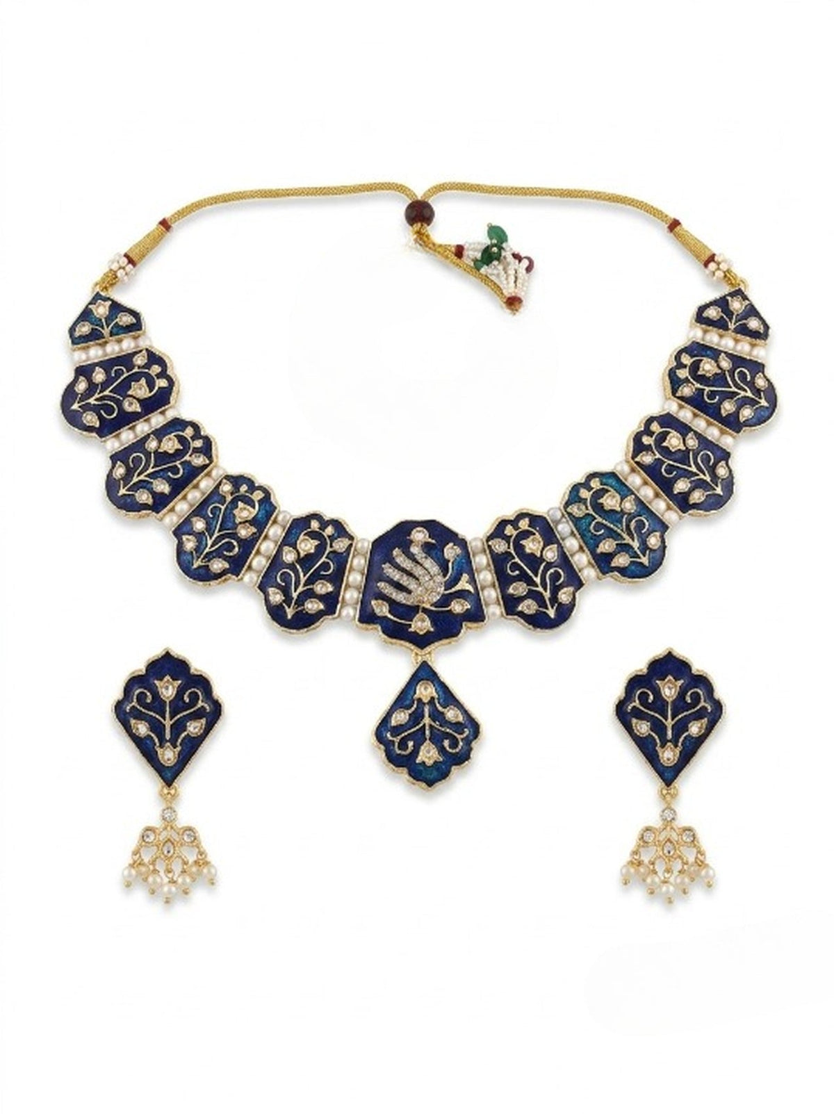 Jewel City Blue Meenakari Peacock Necklace Set With Pearl Earrings | Grocsy