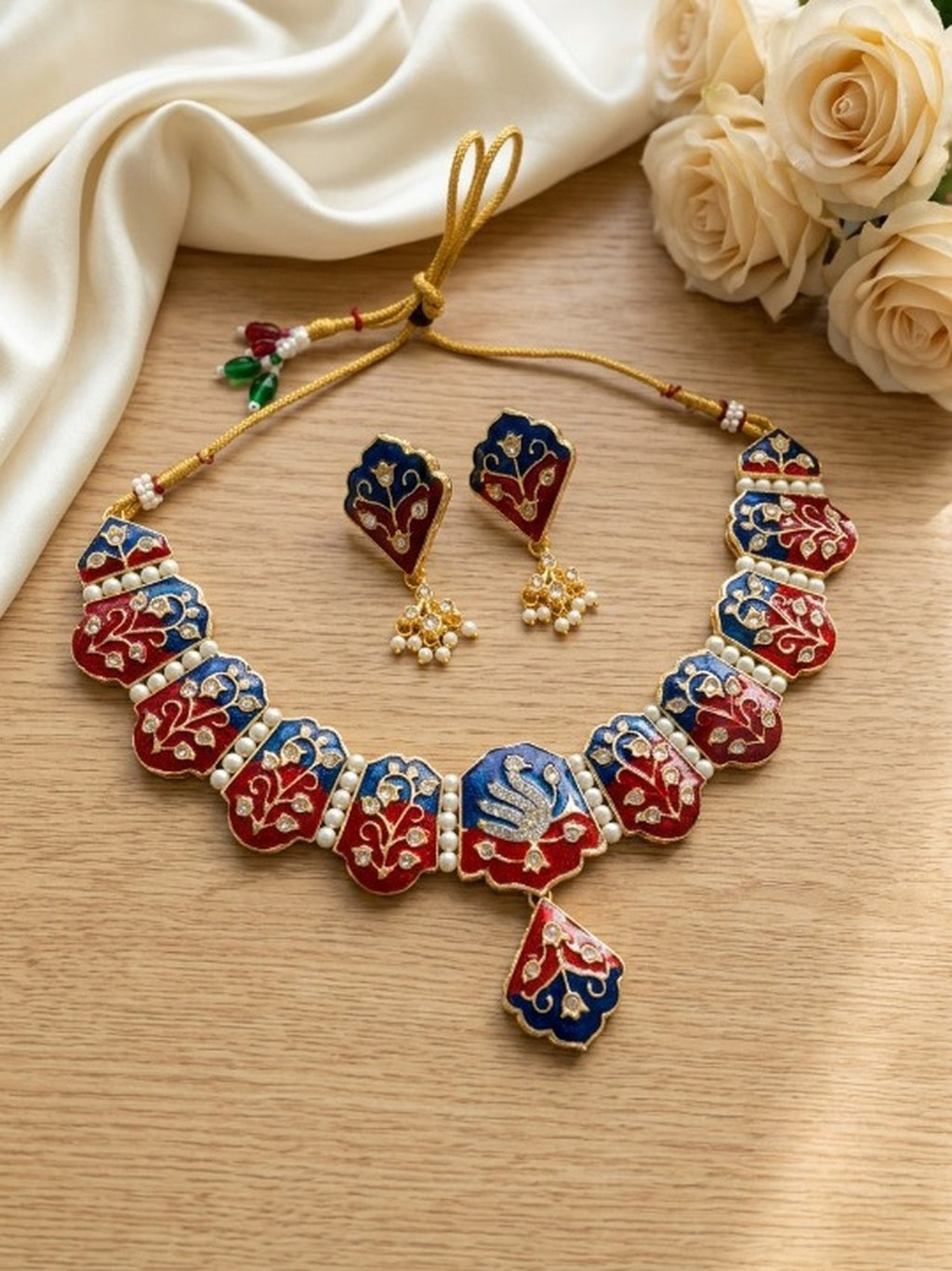 Jewel City Multicolor Meenakari Peacock Necklace Set With Pearl Earrings|Festival Jewelry | Grocsy