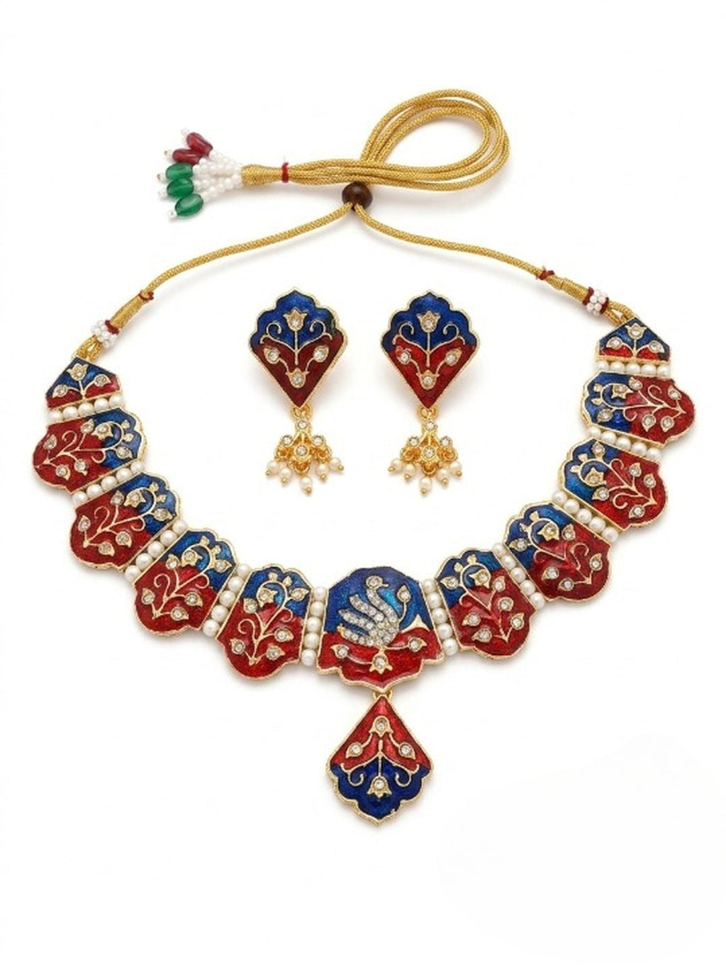 Jewel City Multicolor Meenakari Peacock Necklace Set With Pearl Earrings|Festival Jewelry | Grocsy
