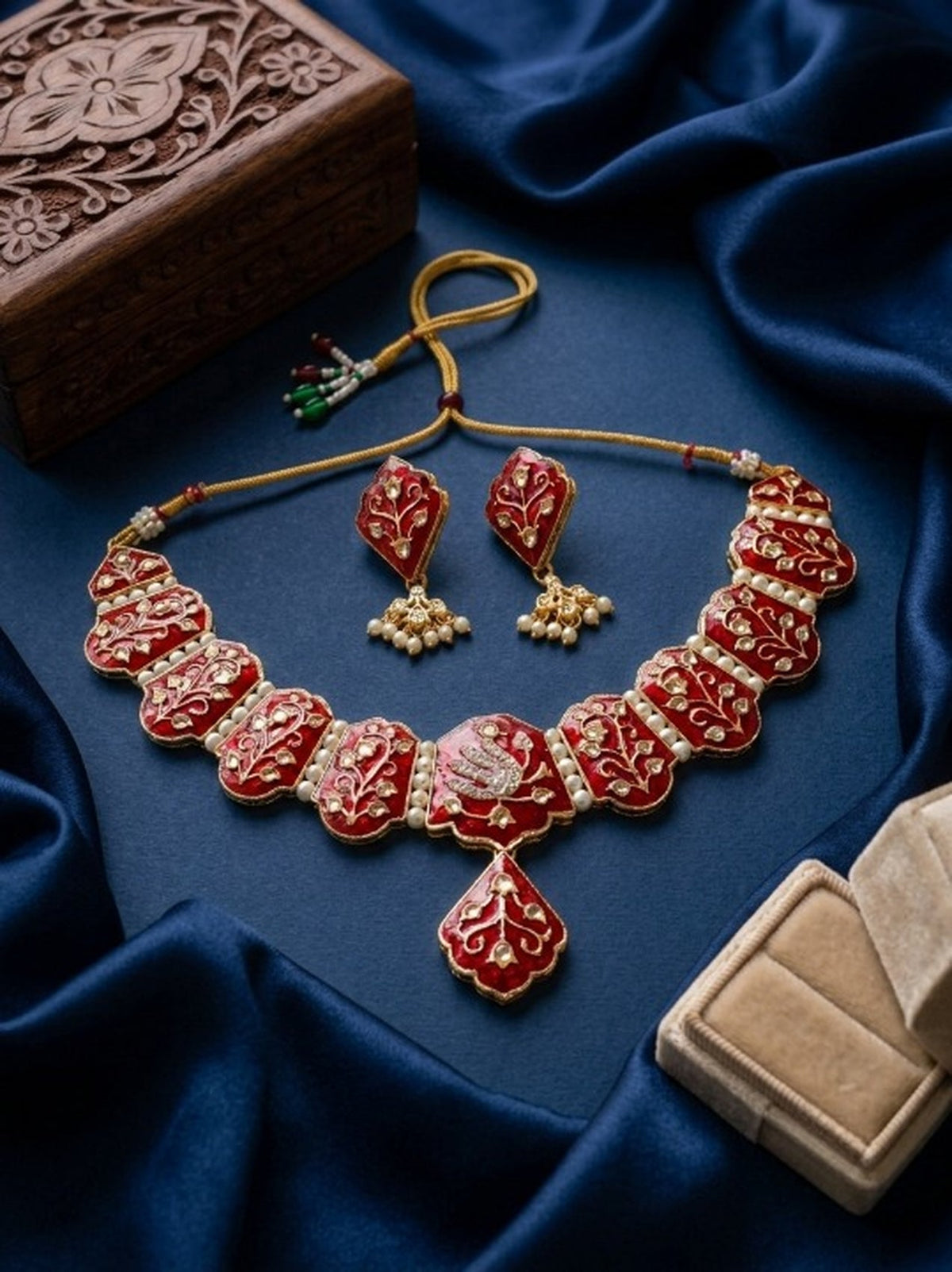 Jewel City Red Meenakari Peacock Necklace Set With Pearl Earrings | Grocsy