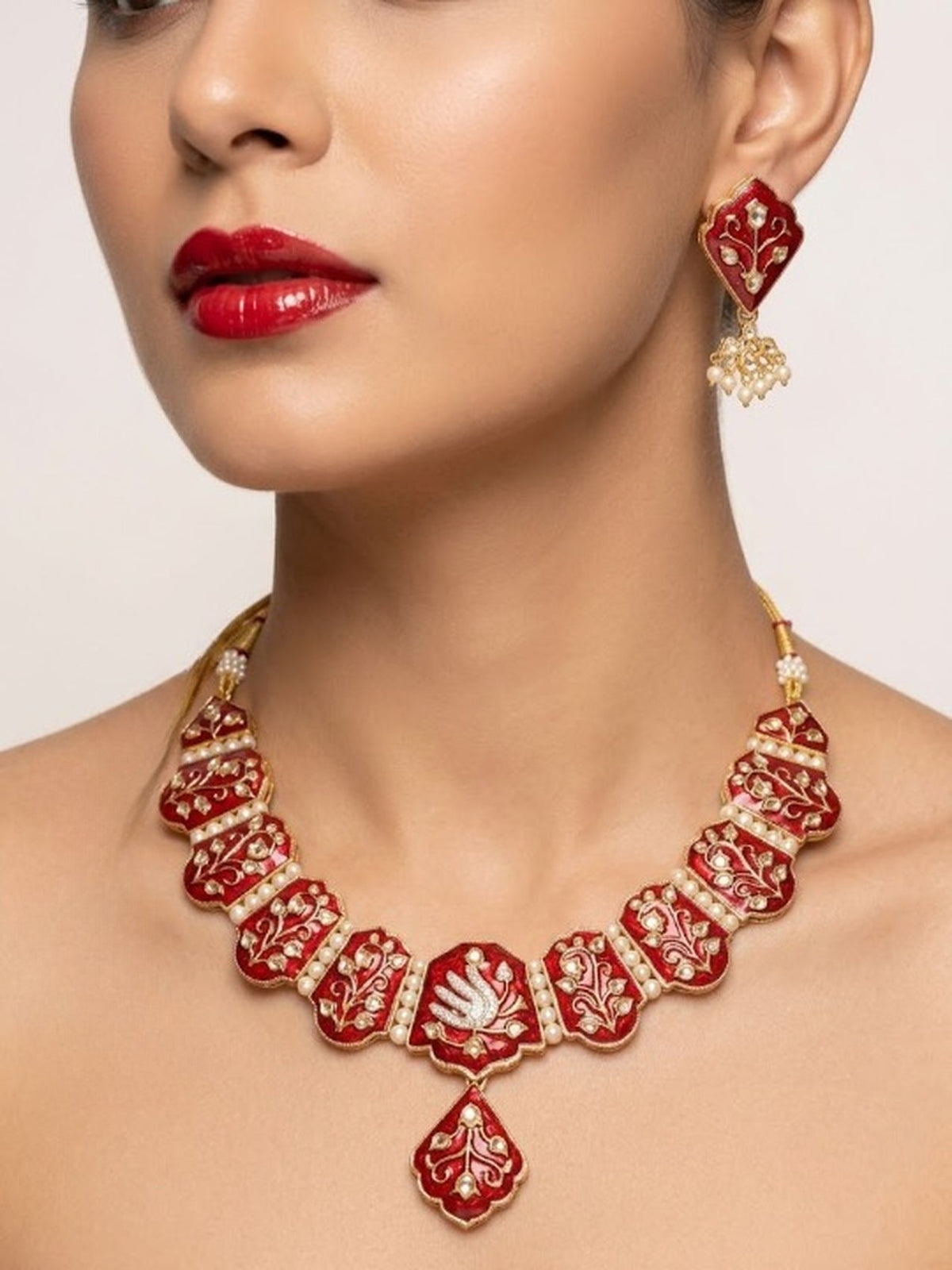 Jewel City Red Meenakari Peacock Necklace Set With Pearl Earrings | Grocsy