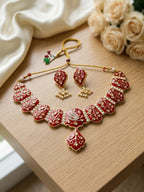 Jewel City Red Meenakari Peacock Necklace Set With Pearl Earrings | Grocsy