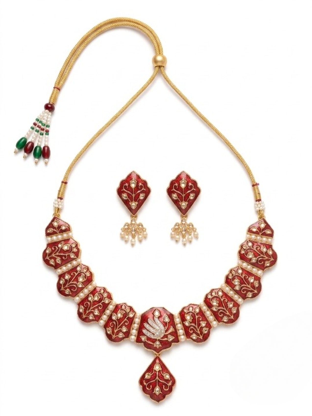 Jewel City Red Meenakari Peacock Necklace Set With Pearl Earrings | Grocsy