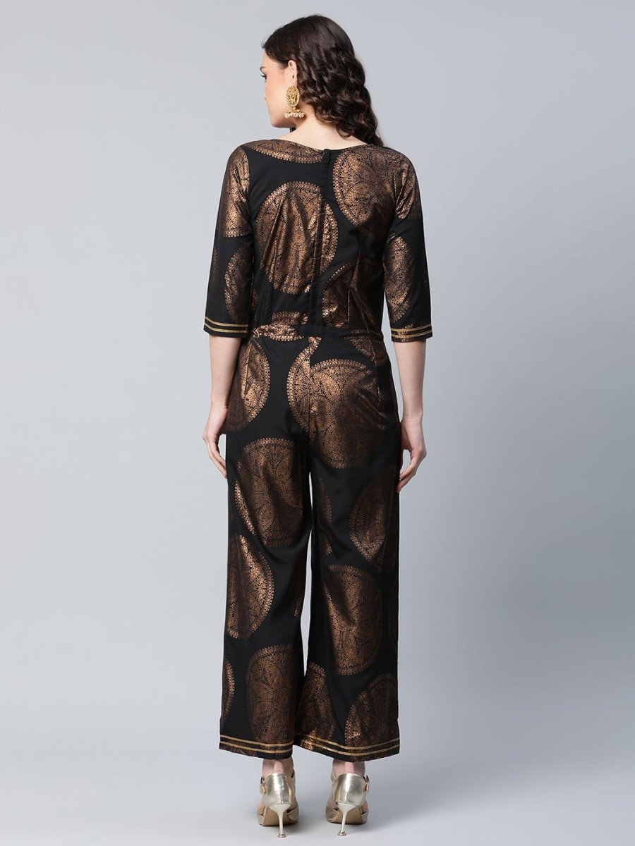 Ahalyaa Black Crepe Copper Foil Printed Jumpsuit | Grocsy