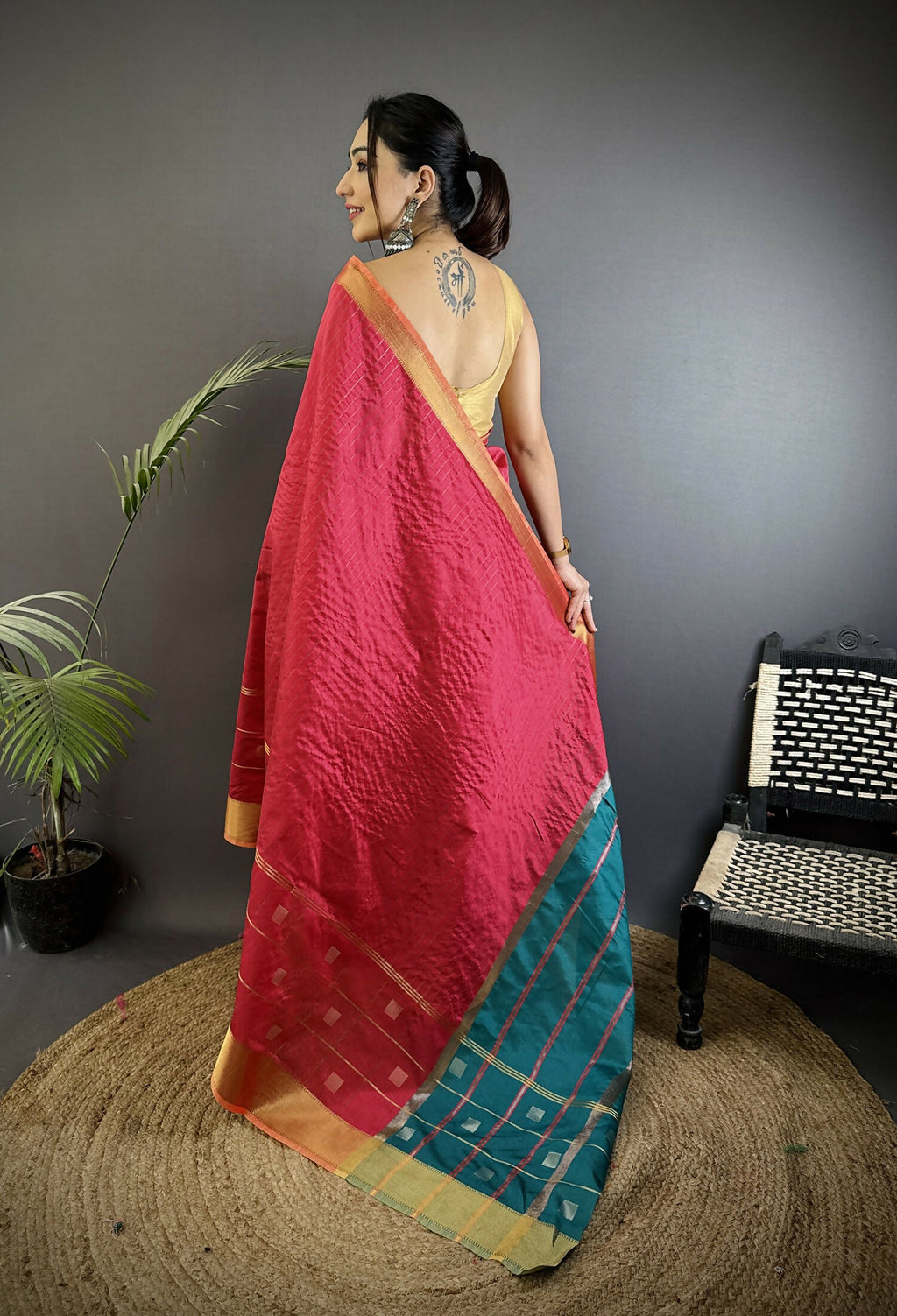Joban Fashion Hot Pink Bhagalpuri Cotton Silk Stripes/Box Saree | Grocsy